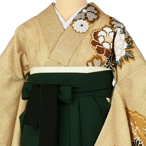 卒業袴レンタルn087 からし色 疋田 芍薬 菊 緑ぼかし袴