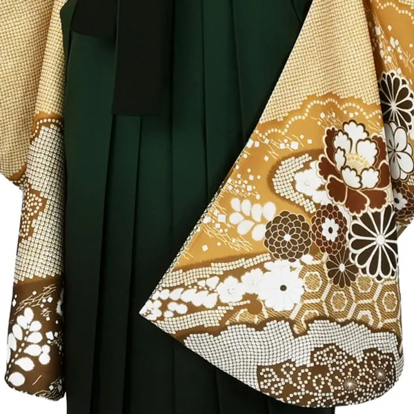 卒業袴レンタルn087 からし色 疋田 芍薬 菊 緑ぼかし袴