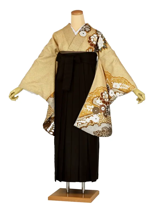 卒業袴レンタルn088 からし色 疋田 芍薬 菊 ﾁｬｺｰﾙｸﾞﾚｰ袴