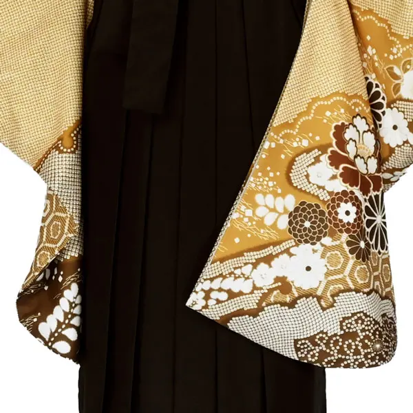 卒業袴レンタルn088 からし色 疋田 芍薬 菊 ﾁｬｺｰﾙｸﾞﾚｰ袴