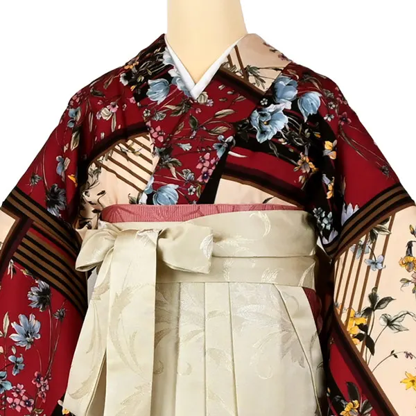 卒業袴レンタルn089 花柄 個性派ｽｶｰﾌ柄 ﾍﾞｰｼﾞｭ刺繍袴