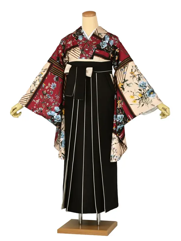 卒業袴レンタルn090 花柄 個性派ｽｶｰﾌ柄 ｸﾘｰﾑ色×黒袴