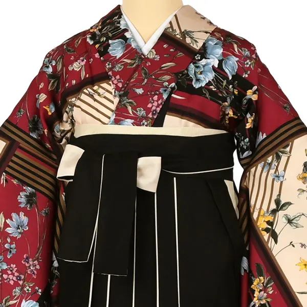 卒業袴レンタルn090 花柄 個性派ｽｶｰﾌ柄 ｸﾘｰﾑ色×黒袴