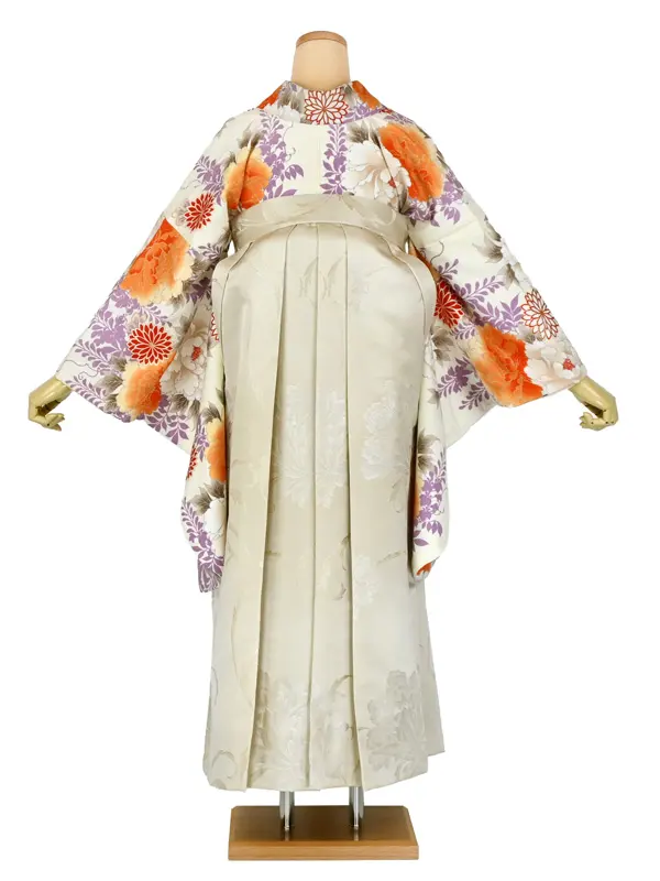 卒業袴レンタルn094 ｱｲﾎﾞﾘｰ 芍薬 菊 ﾍﾞｰｼﾞｭ刺繍袴