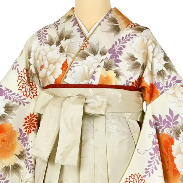 卒業袴レンタルn094 ｱｲﾎﾞﾘｰ 芍薬 菊 ﾍﾞｰｼﾞｭ刺繍袴