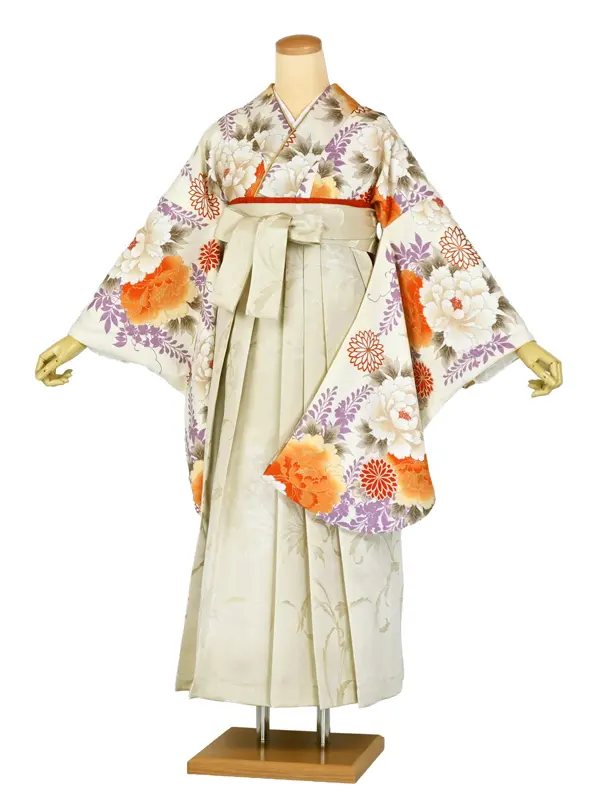 卒業袴レンタルn095 ｱｲﾎﾞﾘｰ 芍薬 菊 ﾍﾞｰｼﾞｭ刺繍袴