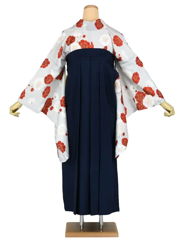 卒業袴レンタルn096 紅白 梅 薄ｸﾞﾚｰ 紺袴