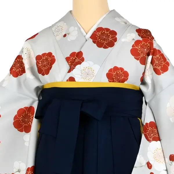 卒業袴レンタルn096 紅白 梅 薄ｸﾞﾚｰ 紺袴