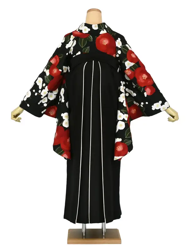 卒業袴レンタルn098 黒 椿/梅小紋 ｸﾘｰﾑ色×黒袴
