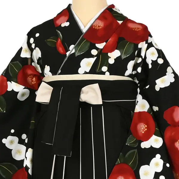 卒業袴レンタルn098 黒 椿/梅小紋 ｸﾘｰﾑ色×黒袴