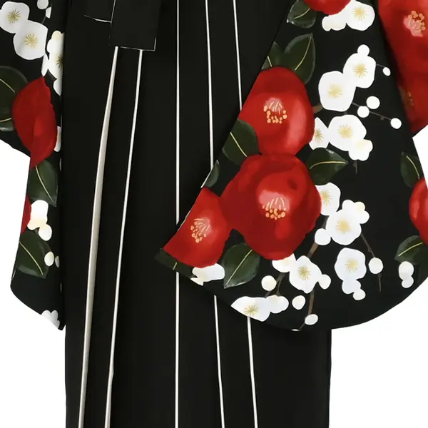 卒業袴レンタルn098 黒 椿/梅小紋 ｸﾘｰﾑ色×黒袴
