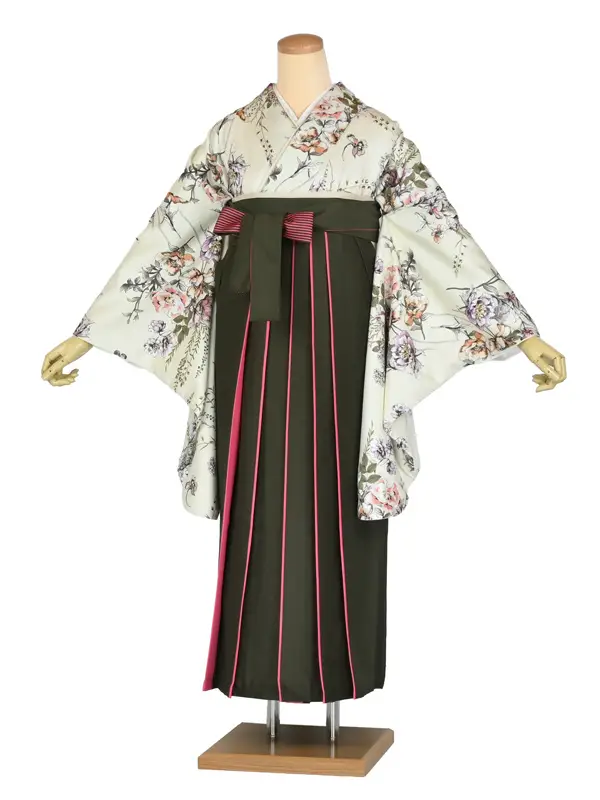 卒業袴レンタルn099 ｱｲﾎﾞﾘｰ 小花柄 抹茶×ﾋﾟﾝｸ袴