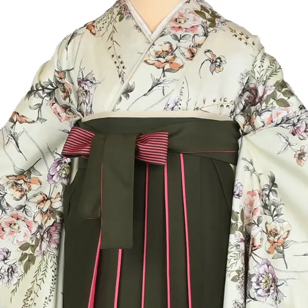 卒業袴レンタルn099 ｱｲﾎﾞﾘｰ 小花柄 抹茶×ﾋﾟﾝｸ袴