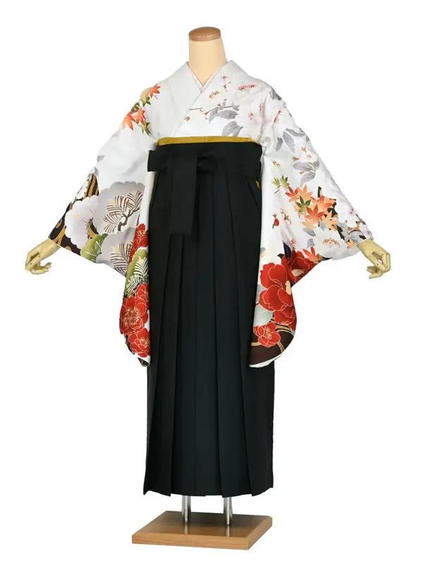 卒業袴レンタルn100 白 もみじ 牡丹 ﾀﾞｰｸｸﾞﾘｰﾝ袴