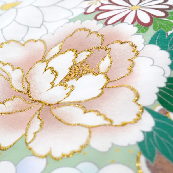 単衣 夏用 男の子産着レンタルお宮参り ﾐﾝﾄｸﾞﾘｰﾝ 緑 菊 芍薬 金刺繍
