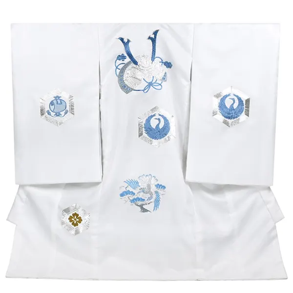 男の子 産着 レンタル お宮参り 白 鶴 かぶと 銀刺繍 水色