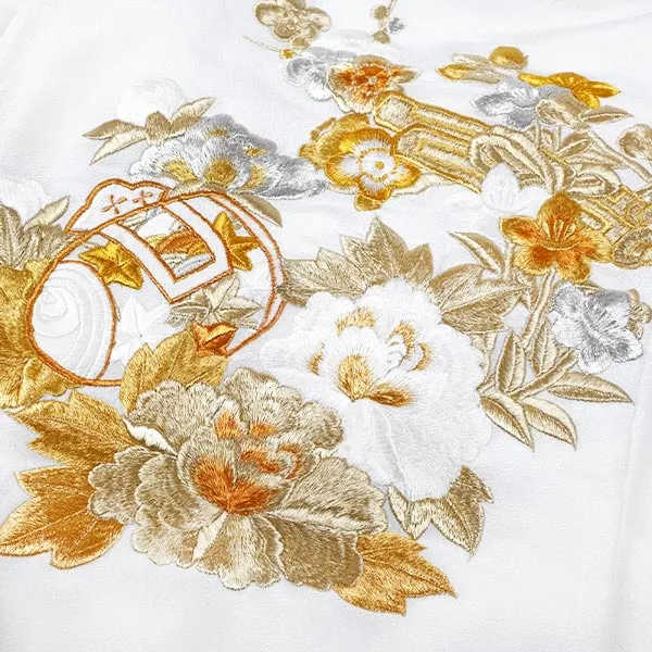 男の子 産着 お宮参り 白 鶴 牡丹 金銀刺繍 ちりめん地