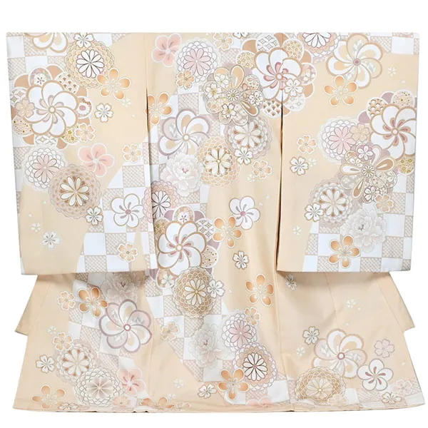 女の子 産着 お宮参り 薄オレンジ ねじり梅 桜 菊 牡丹 金