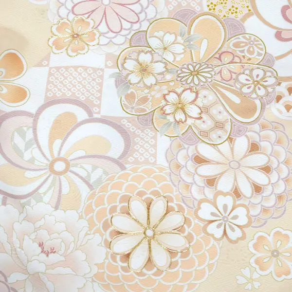 女の子 産着 お宮参り 薄オレンジ ねじり梅 桜 菊 牡丹 金