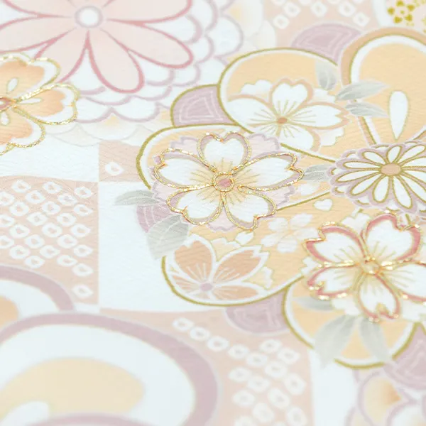 女の子 産着 お宮参り 薄オレンジ ねじり梅 桜 菊 牡丹 金