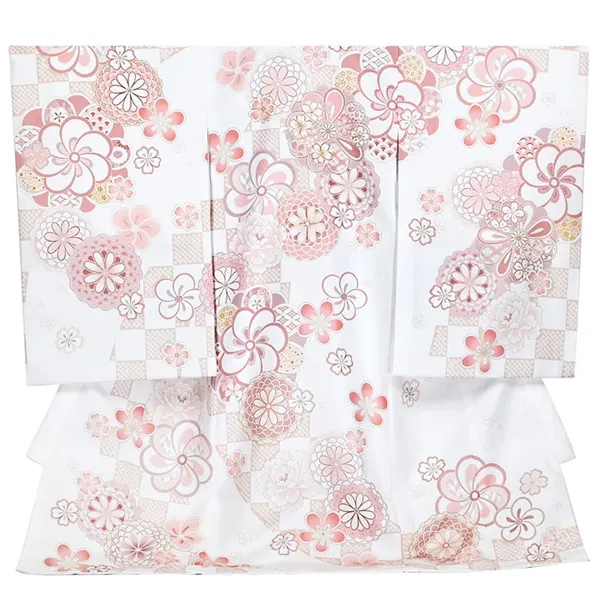 女の子 産着 お宮参り 白 ピンク ねじり梅 桜 菊 牡丹 金