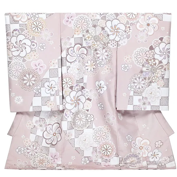 女の子 産着 お宮参り くすみピンク ねじり梅 桜 菊 牡丹 金
