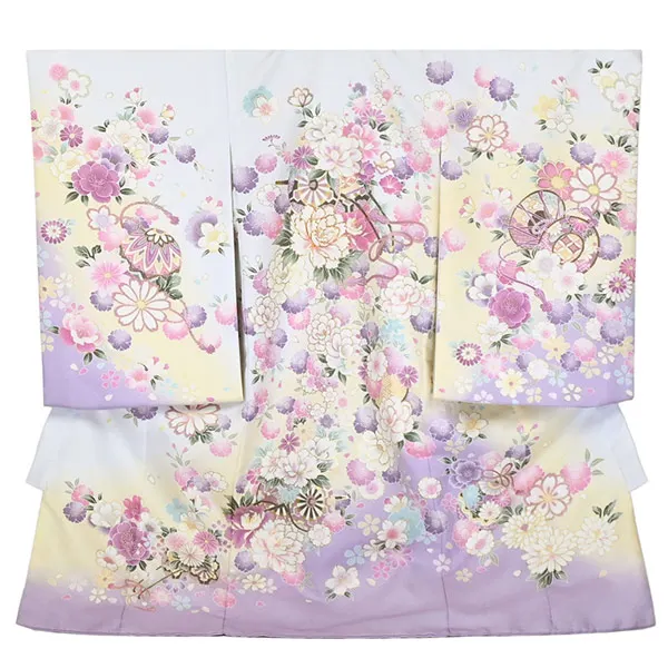 女の子 産着 お宮参り ﾗﾍﾞﾝﾀﾞｰ色 花車 金彩 菊 さくら 祝い花 まり