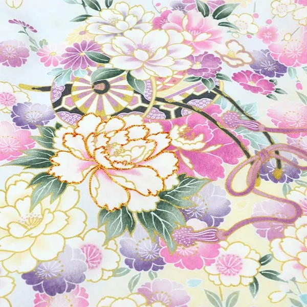 女の子 産着 お宮参り ﾗﾍﾞﾝﾀﾞｰ色 花車 金彩 菊 さくら 祝い花 まり