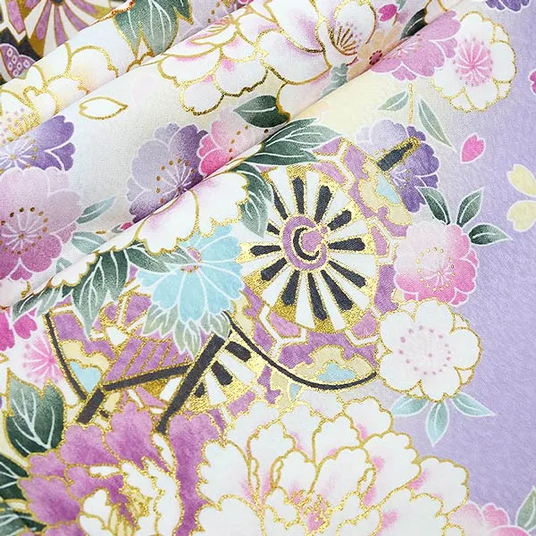 女の子 産着 お宮参り ﾗﾍﾞﾝﾀﾞｰ色 花車 金彩 菊 さくら 祝い花 まり