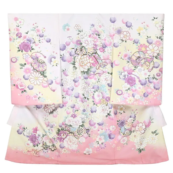 女の子 産着 お宮参り ﾊﾟｽﾃﾙﾋﾟﾝｸ 花車 金彩 菊 さくら 祝い花 まり