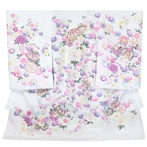 女の子 産着 お宮参り 白 毬 金彩 菊 さくら 祝い花 花車