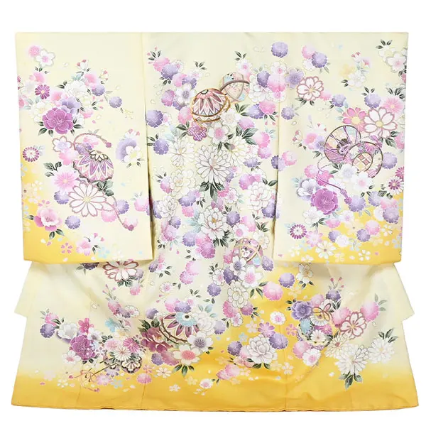 女の子 産着 お宮参り ﾊﾟｽﾃﾙｲｴﾛｰ 毬 金彩 菊 さくら 祝い花 花車