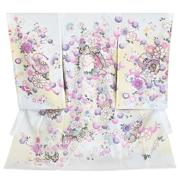 単衣 夏用 女の子 産着 お宮参り 白 花車 金彩 菊 さくら 祝い花 まり