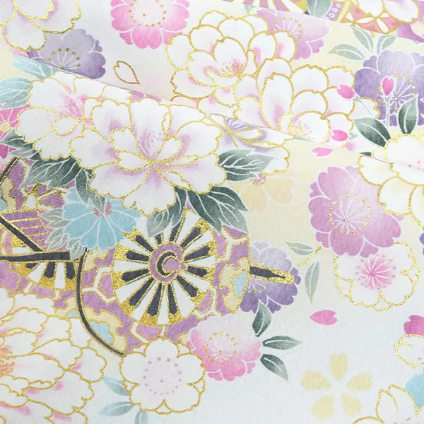 単衣 夏用 女の子 産着 お宮参り 白 花車 金彩 菊 さくら 祝い花 まり