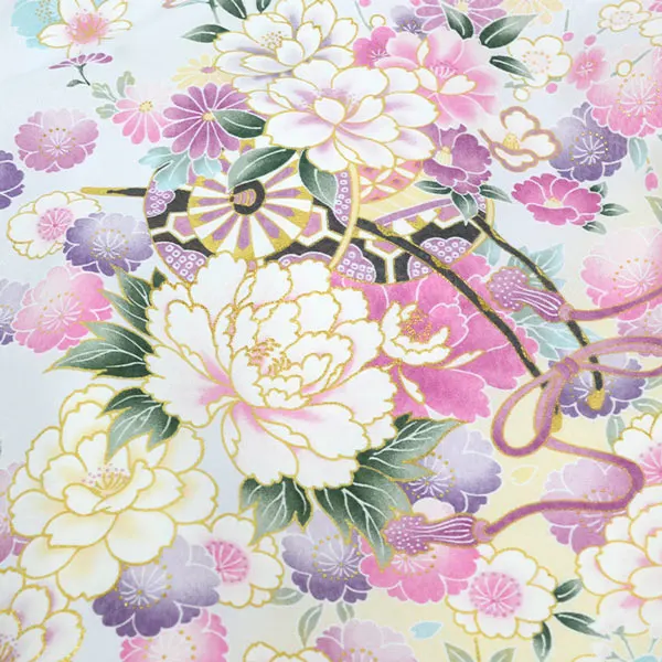 単衣夏用女児産着お宮参り ﾗﾍﾞﾝﾀﾞｰ色 花車 金彩 菊 さくら 祝い花 まり