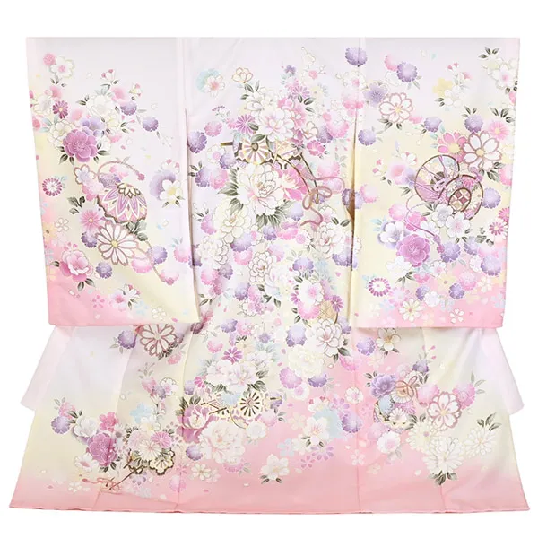 単衣夏用女児産着お宮参り ﾊﾟｽﾃﾙﾋﾟﾝｸ 花車 金彩 菊さくら 祝い花 まり