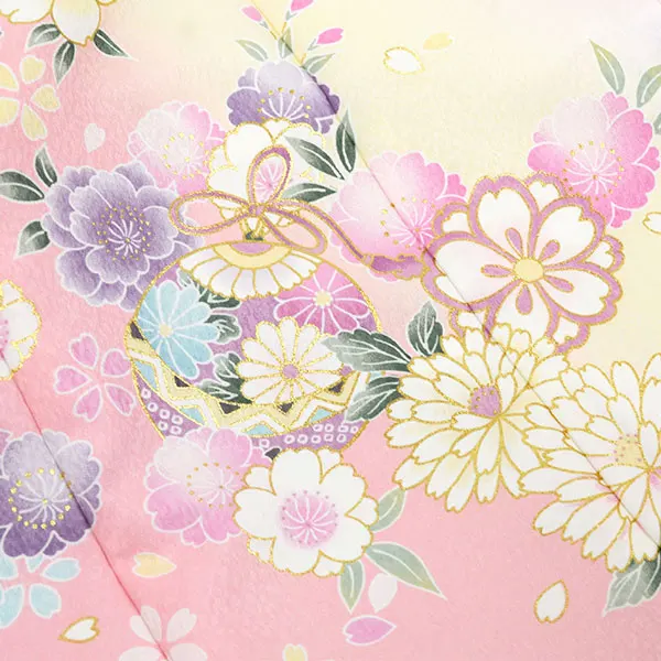 単衣夏用女児産着お宮参り ﾊﾟｽﾃﾙﾋﾟﾝｸ 花車 金彩 菊さくら 祝い花 まり