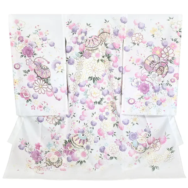 単衣 夏用 女の子 産着 お宮参り 白 毬 金彩 菊 さくら 祝い花 花車