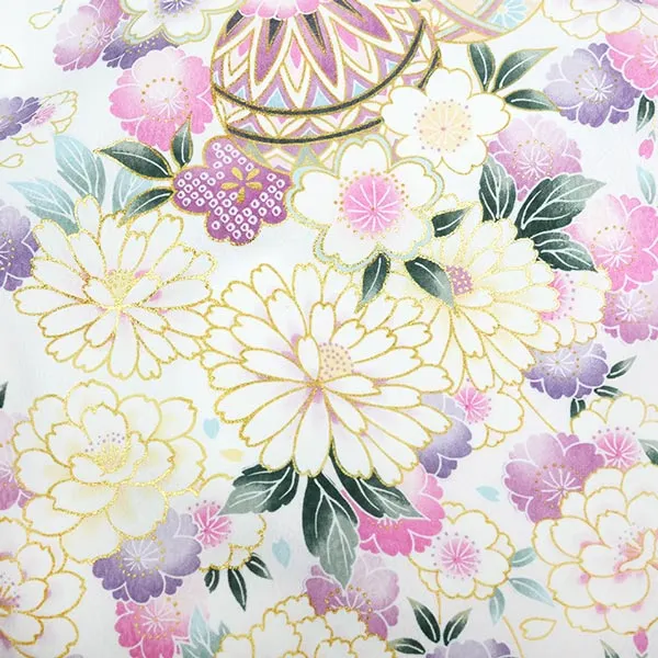 単衣 夏用 女の子 産着 お宮参り 白 毬 金彩 菊 さくら 祝い花 花車