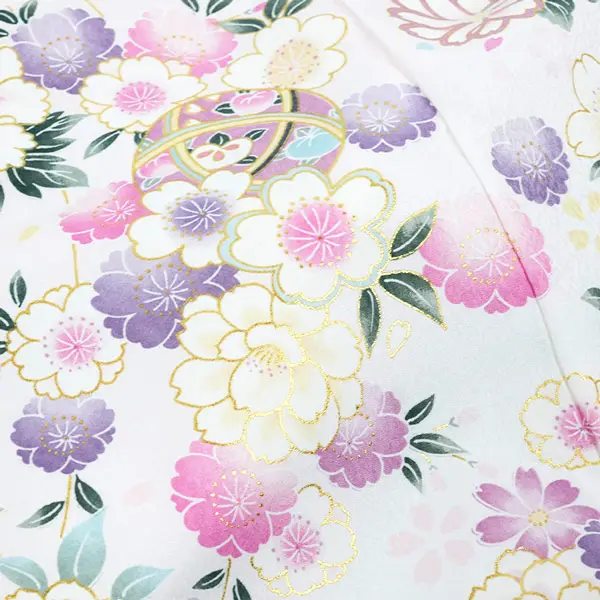 単衣 夏用 女の子 産着 お宮参り 白 毬 金彩 菊 さくら 祝い花 花車