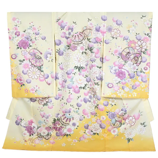 単衣夏用女児産着お宮参り ﾊﾟｽﾃﾙｲｴﾛｰ 毬 金彩 菊 さくら 祝い花 花車