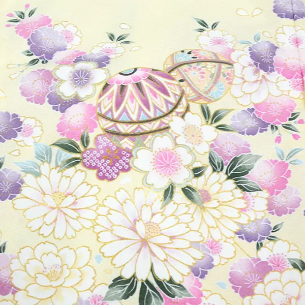 単衣夏用女児産着お宮参り ﾊﾟｽﾃﾙｲｴﾛｰ 毬 金彩 菊 さくら 祝い花 花車
