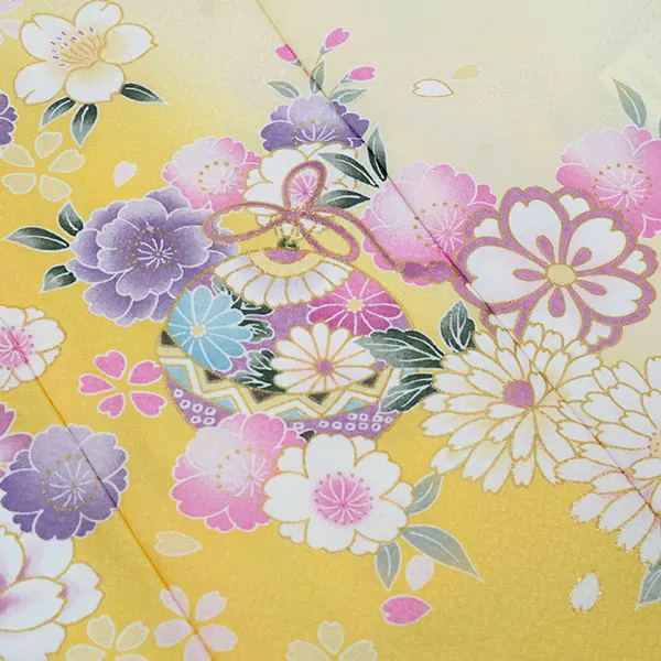 単衣夏用女児産着お宮参り ﾊﾟｽﾃﾙｲｴﾛｰ 毬 金彩 菊 さくら 祝い花 花車