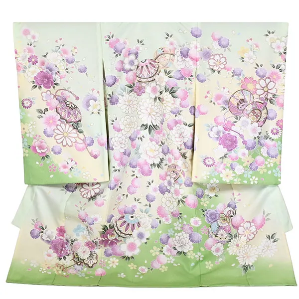 単衣夏用女児産着お宮参り ﾊﾟｽﾃﾙｸﾞﾘｰﾝ 毬 金彩 菊さくら 祝い花 花車