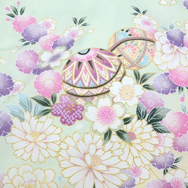 単衣夏用女児産着お宮参り ﾊﾟｽﾃﾙｸﾞﾘｰﾝ 毬 金彩 菊さくら 祝い花 花車