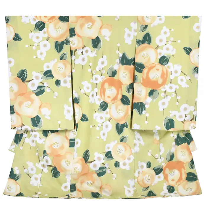 女の子 産着 お宮参り 薄黄緑 梅 椿