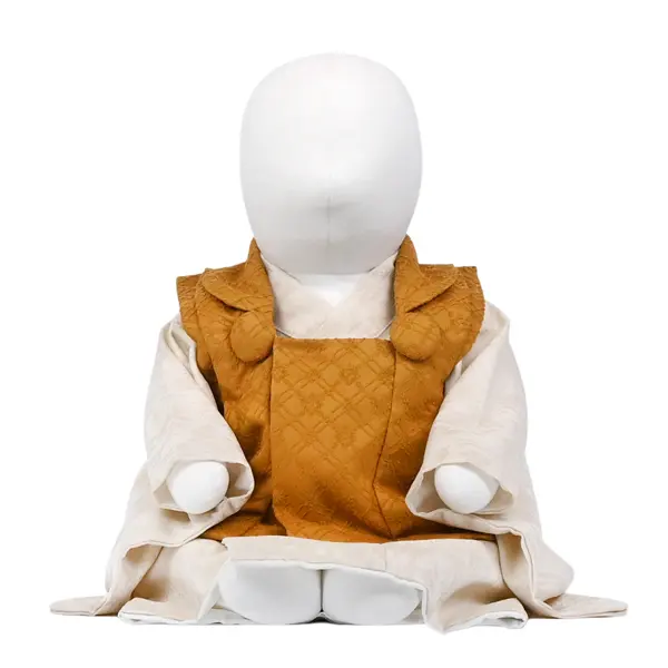 ベビー男児 (100日～) 刺繍風からし色/白ﾍﾞｰｼﾞｭ平筆模様ｾﾊﾟﾚｰﾄ