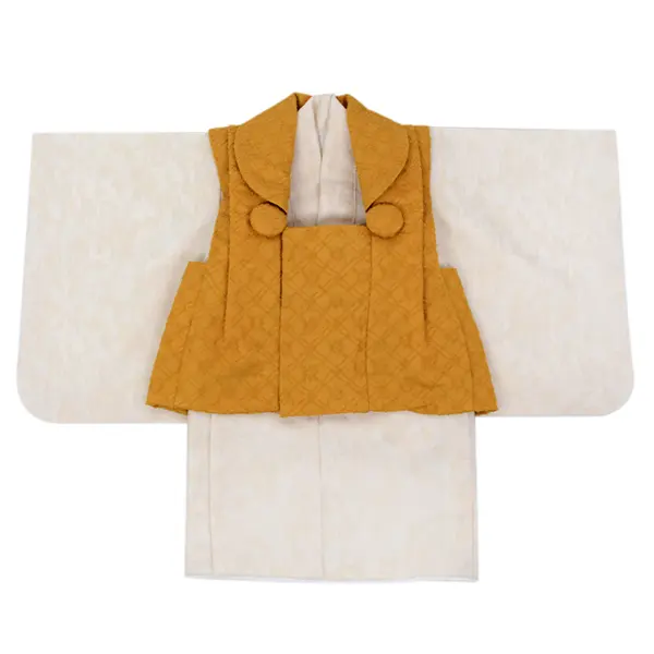 ベビー男児 (100日～) 刺繍風からし色/白ﾍﾞｰｼﾞｭ平筆模様ｾﾊﾟﾚｰﾄ