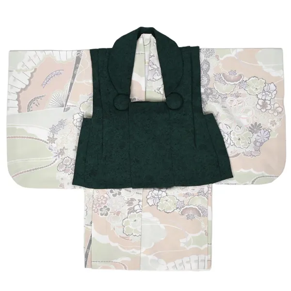 男児ベビー (100日～) 濃緑 春花 線画/祝い柄 ｾﾊﾟﾚｰﾄ