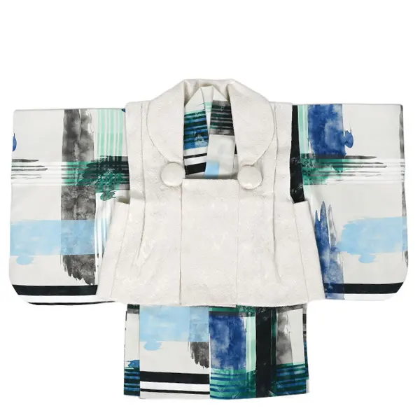 男児ベビー (100日～) オフ白 ﾚｰｽ調/水彩色 青 緑 ｾﾊﾟﾚｰﾄ